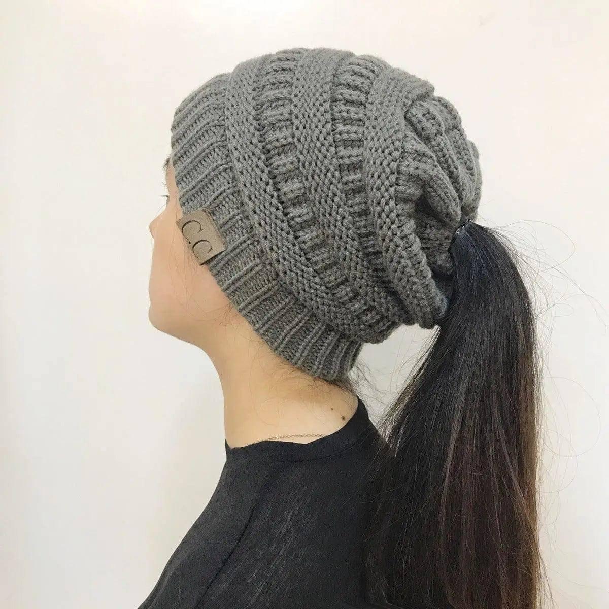 Knitted Ponytail Hat, Women's Wool Hat Fashion-Grey-6