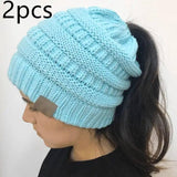 Knitted Ponytail Hat, Women's Wool Hat Fashion-Blue2pcs-7