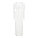 Lace Long Sleeve Narrow Casual Knitted Maxi Dress Suit-White-11