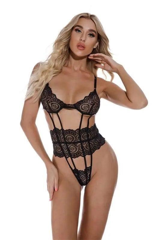 Lace Open Back Lingerie One Piece Bodysuit Sleepwear-Black-3