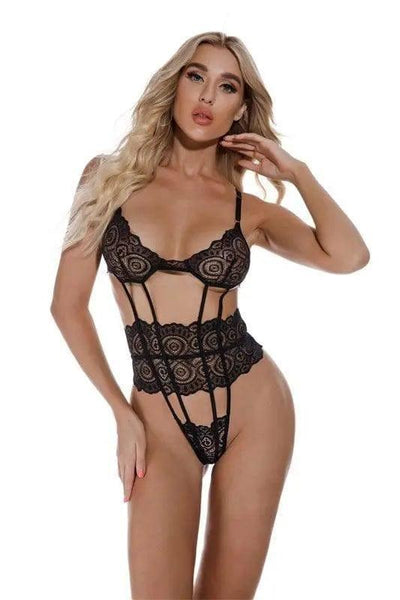 Lace Open Back Lingerie One Piece Bodysuit Sleepwear-Black-3