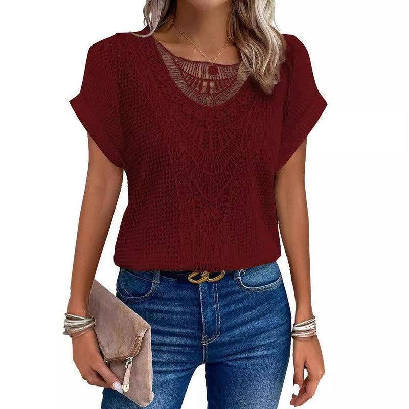 Lace Patchwork Short-sleeved T-shirt Women's Clothing-3