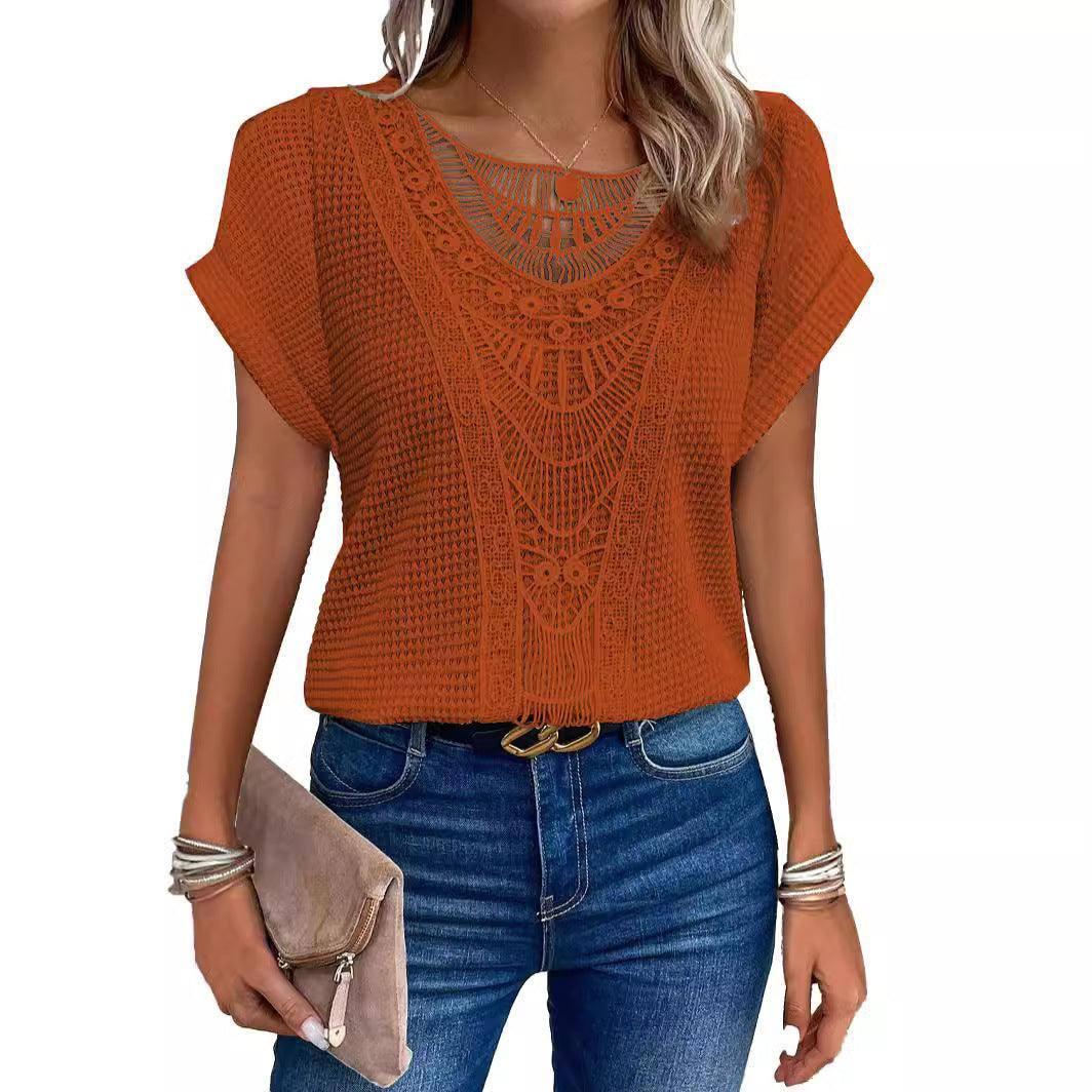 Lace Patchwork Short-sleeved T-shirt Women's Clothing-4