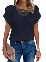 Lace Patchwork Short-sleeved T-shirt Women's Clothing-Navy Blue-8