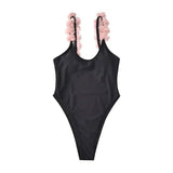 Ladies Bikini European And American Solid Color One Piece-Black-2