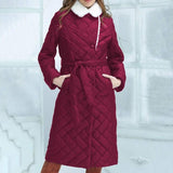 Lapel Cotton-padded Coat Mid-length Slim-fit Rhombus Plaid-Wine Red-1