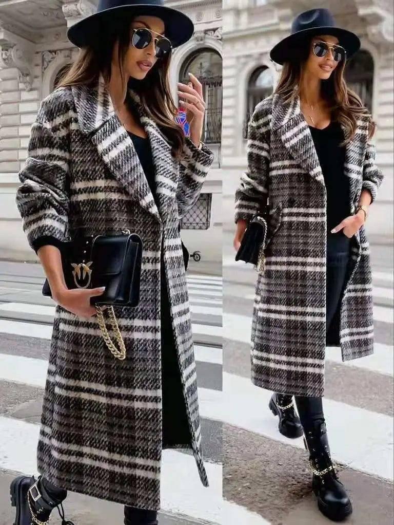 Lapel Thick Loose Plaid Woolen Coat Jacket-1