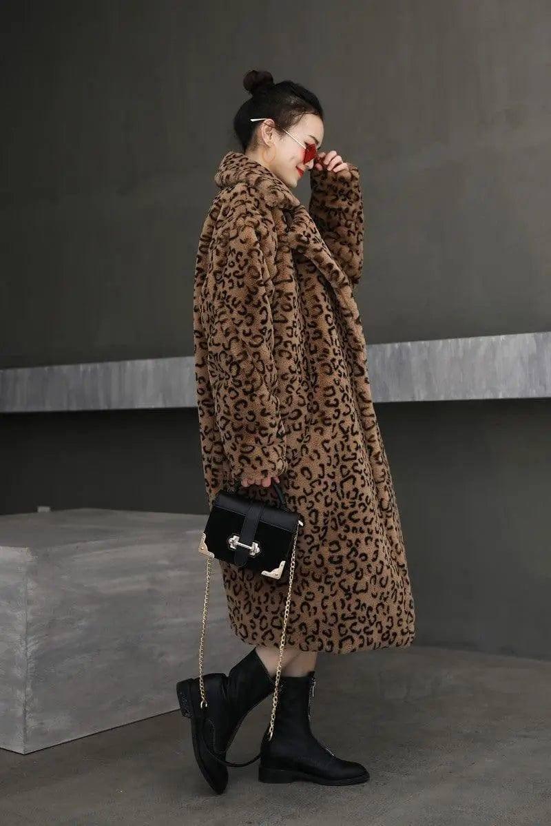 Leopard print oversized suit collar fur coat-2