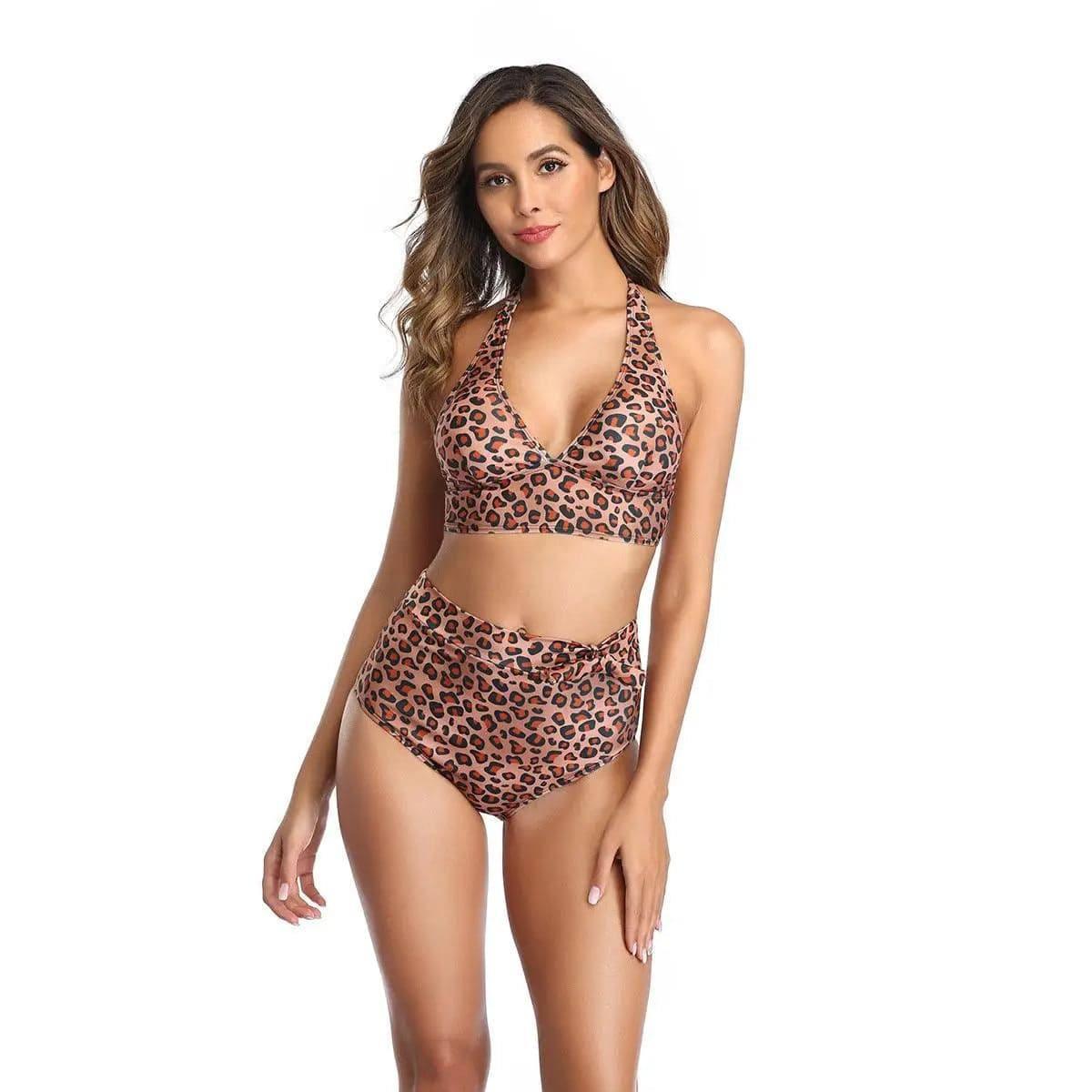 Leopard print sexy bikini split swimsuit-Espresso-2