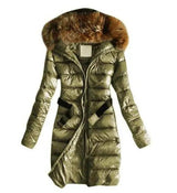 Long Quilted Jacket With Fur Collar And Raccoon Fur-Army Green-3