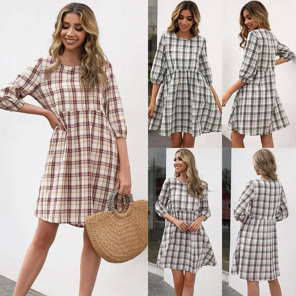 Loose Casual Pullover Plaid Dress Women-1