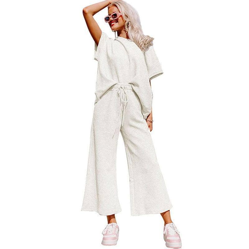 Loose Short Sleeve Trousers Suit-White-6