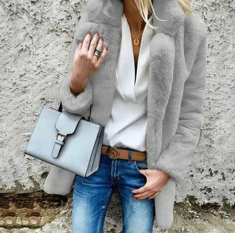 Women's Faux Fur Lapel Jacket - Solid Color, Long-Sleeved-6 light grey-5