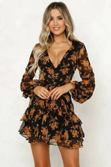 Autumn new fashion flower print long sleeve dress-Yellow-17