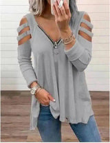 Women's Casual Cut-Out Sleeve Top with Zipper-Light Grey-5