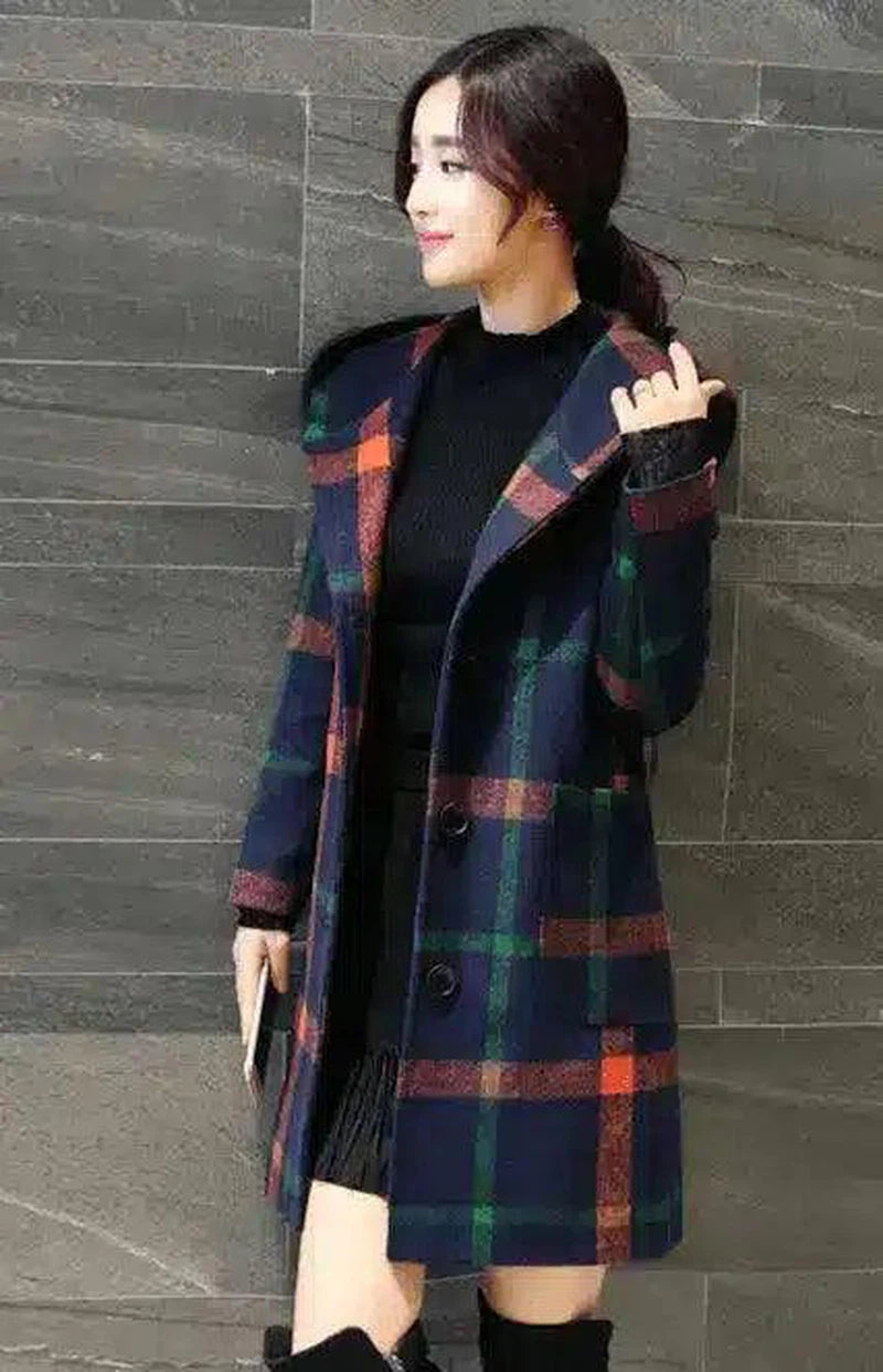 LOVEMI - Lovemi - British College wind wool coat plaid long hooded