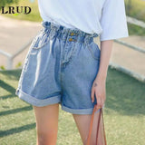 Calyx elastic waist denim shorts female summer high waist-Wathet-26