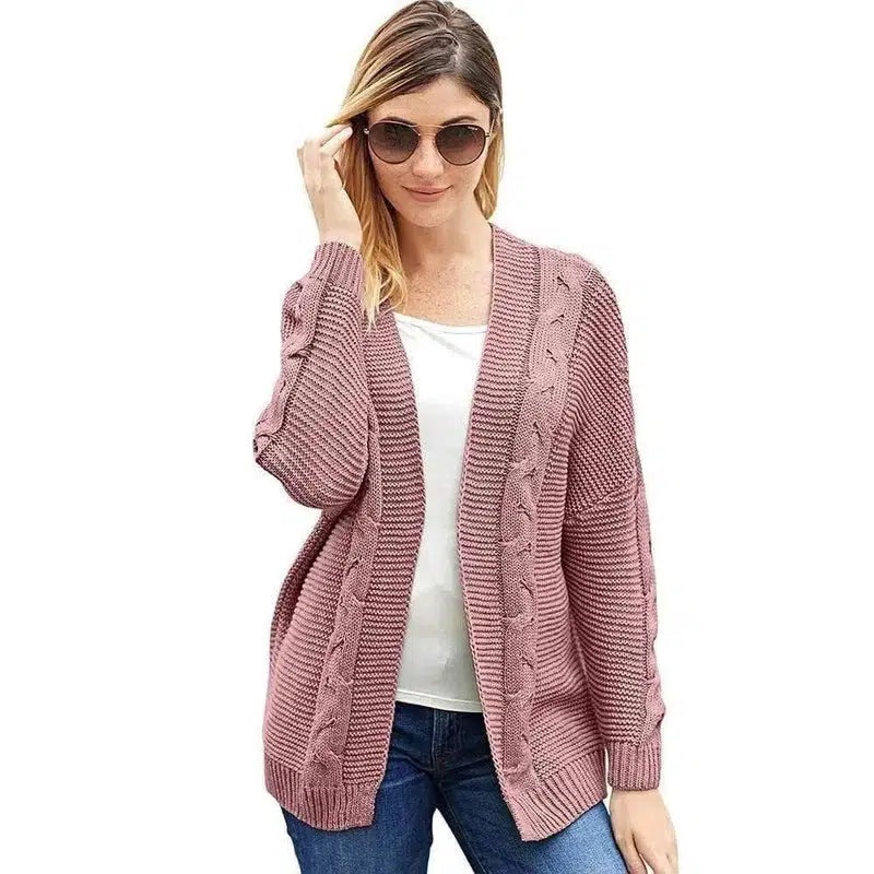 Cardigan Bat Long Sleeve Ribbed Knit Plus Size Cardigan-Pink-4