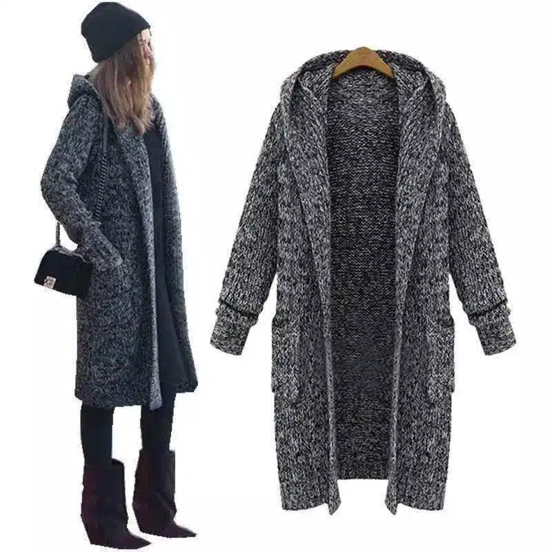 Warm Knit Hooded Long Coat for Women-1