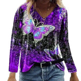 Women's Butterfly Print V-Neck Long Sleeve Top-Purple-4