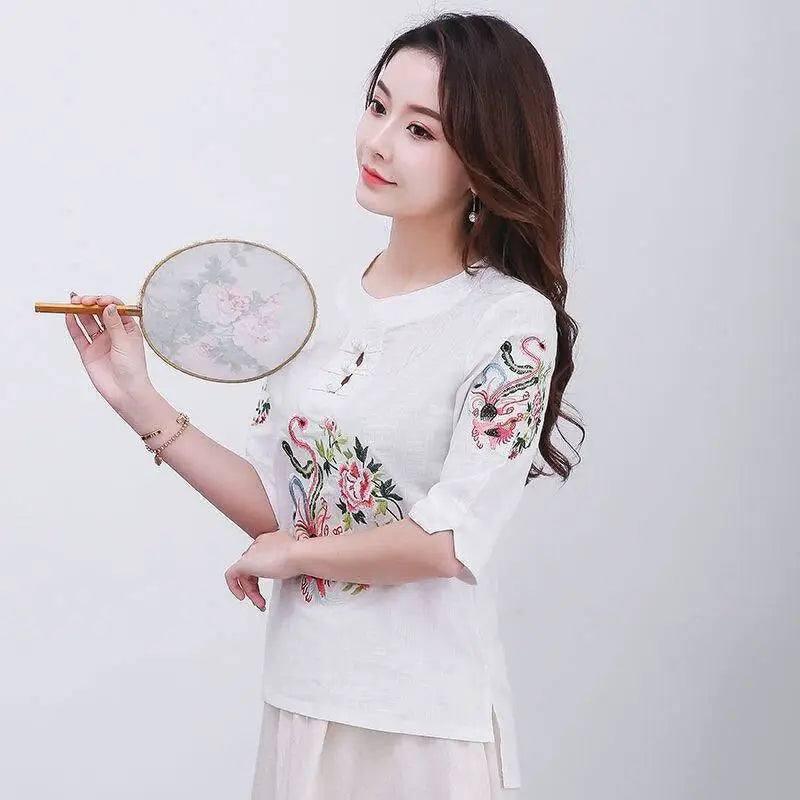 Elegant Embroidered Cheongsam Top-White-2