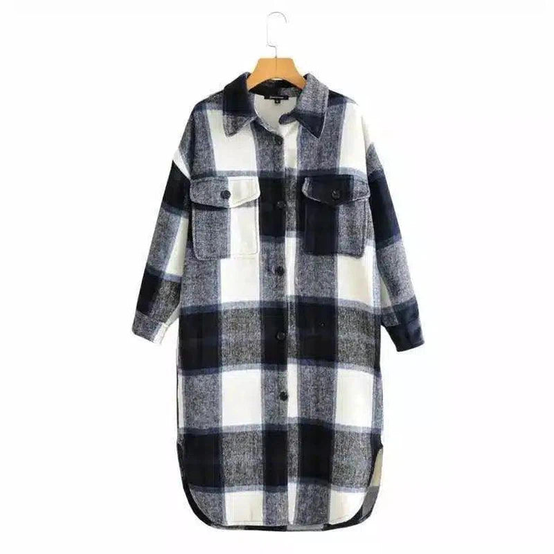 Contrasting Plaid Casual Fashion Simple Long Woolen Coat-Black-6