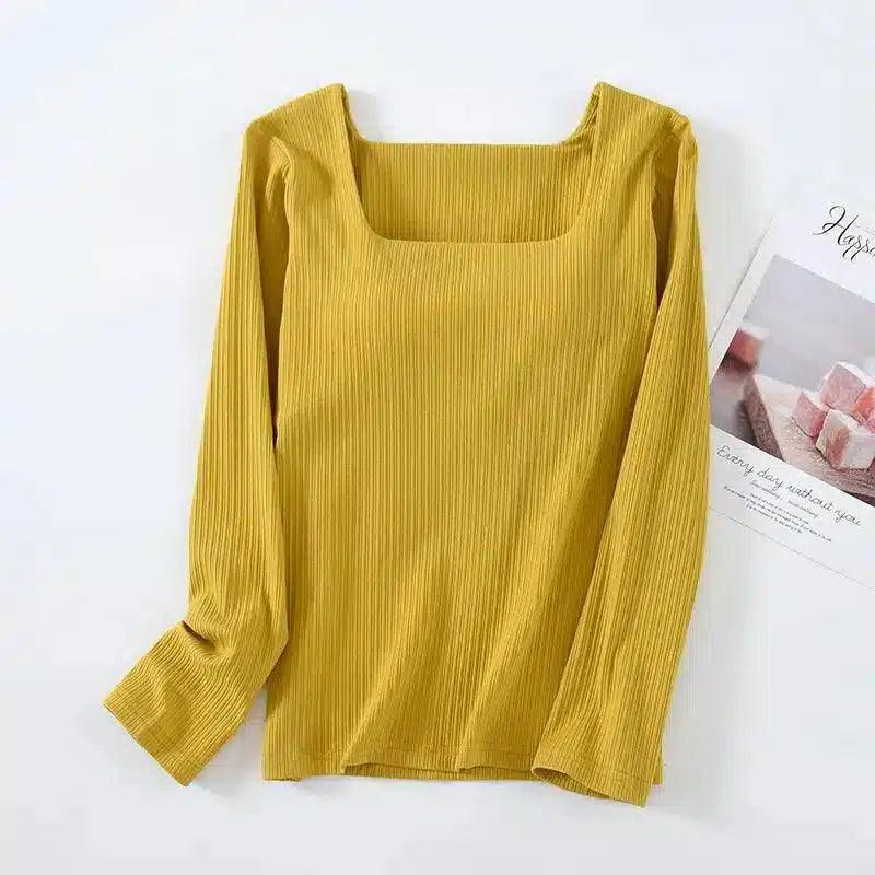 Women's Long Sleeve Square Neck Tops-Yellow-4