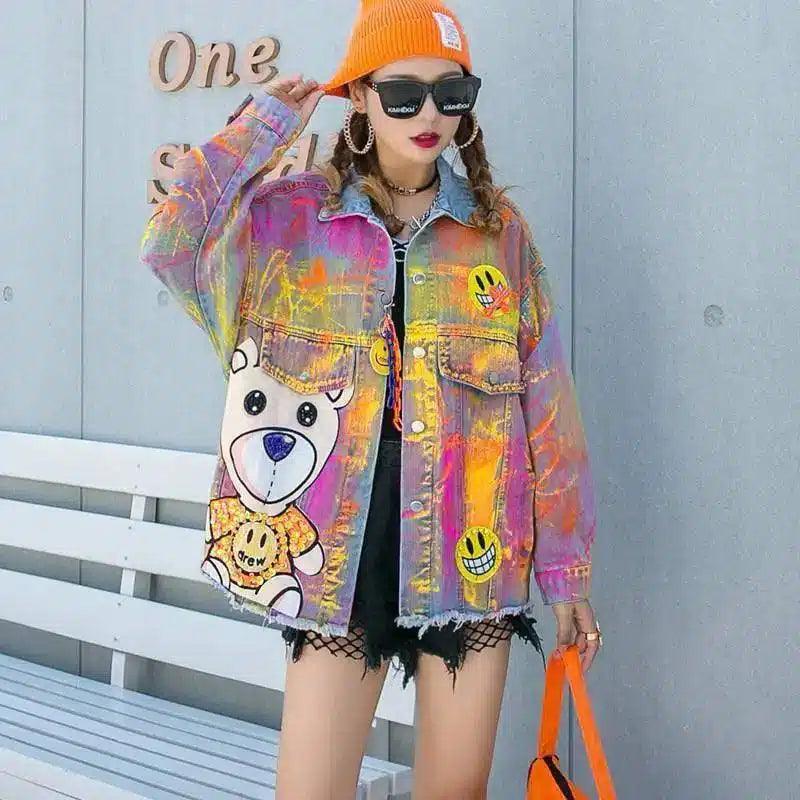 Creative Hand-Painted Chain Decoration Loose Denim Jacket-Colorful-1