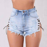 LOVEMI - Lovemi - Cutoff Side Lacing Jeans Shorts