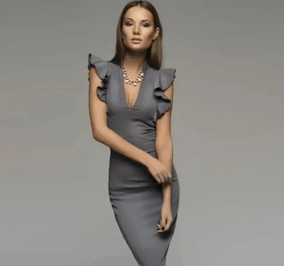 deep V-neck lotus leaf sleeve tight fit dress-Gray-11