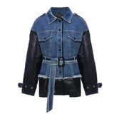 Belted Denim Jacket with Peplum Hem-Black-2