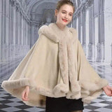 Double-layer Hooded Cloak Rex Rabbit Fur Collar-Beige-5