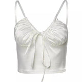 Women's Ruched Tie-Front Crop Top-White-2