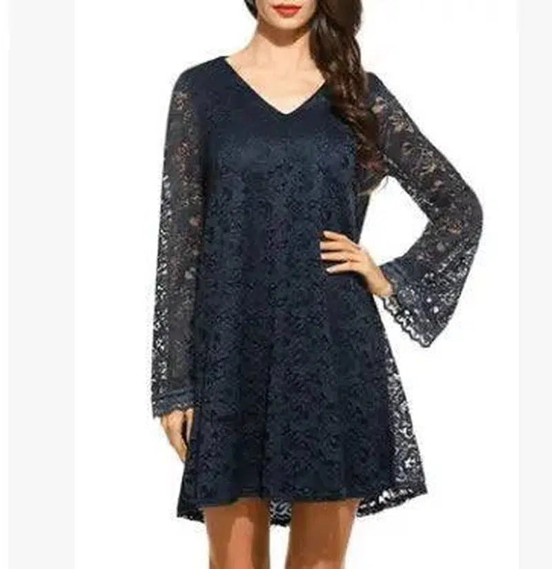 Elegant lace dress summer V-neck large size dress-darkblue-16