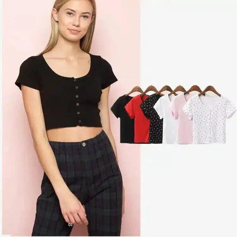 Women's Buttoned Crop Top T-Shirts-1