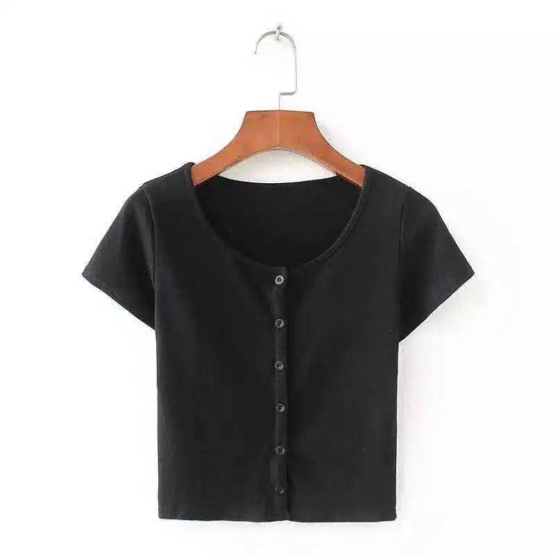 Women's Buttoned Crop Top T-Shirts-Black-5