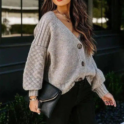 Women's Buttoned Knit Cardigan Sweater-Grey-2