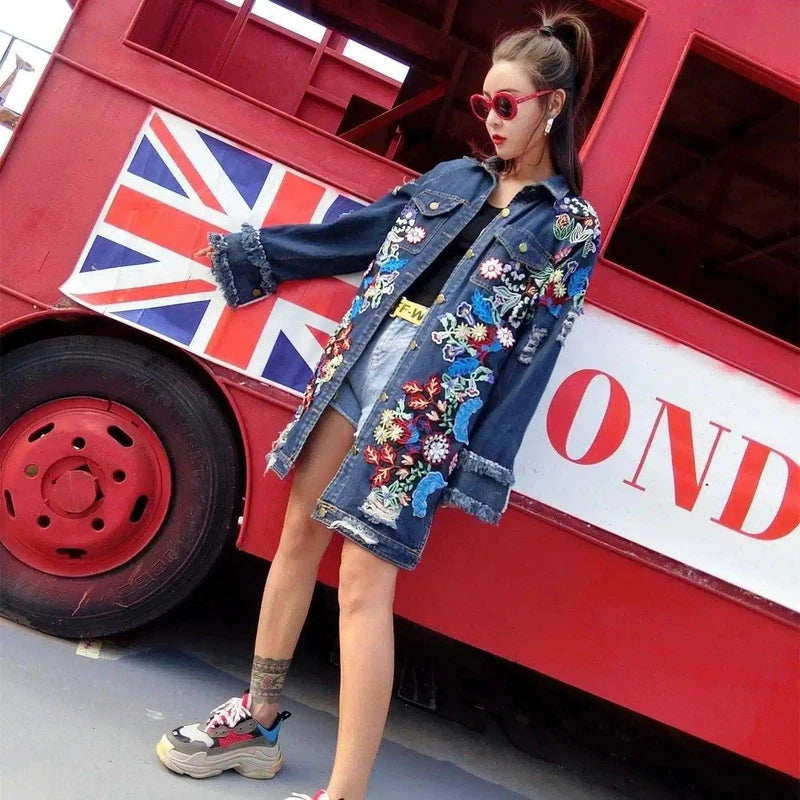 LOVEMI - Lovemi - Fashion Loose Mid length Long Sleeved Denim Jacket