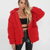 Faux lambswool oversized jacket coat Winter black warm-Red-2