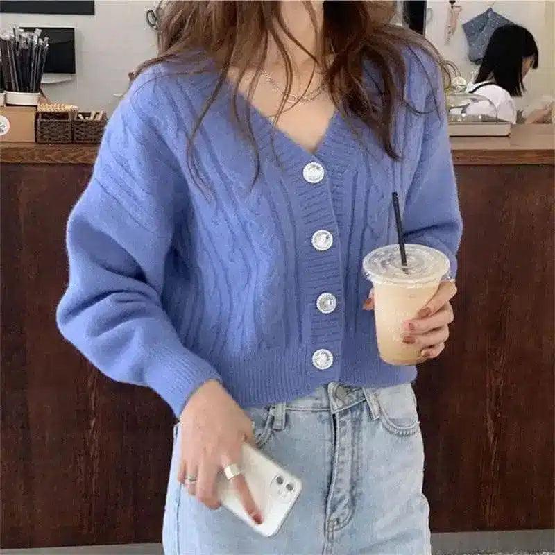 Women's V-Neck Cable Knit Cardigan Sweater-Blue-1