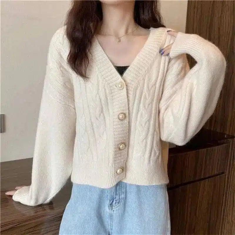 Women's V-Neck Cable Knit Cardigan Sweater-Beige-3