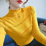 Women's Ripped Turtleneck Sweater Long Sleeve-Yellow-3