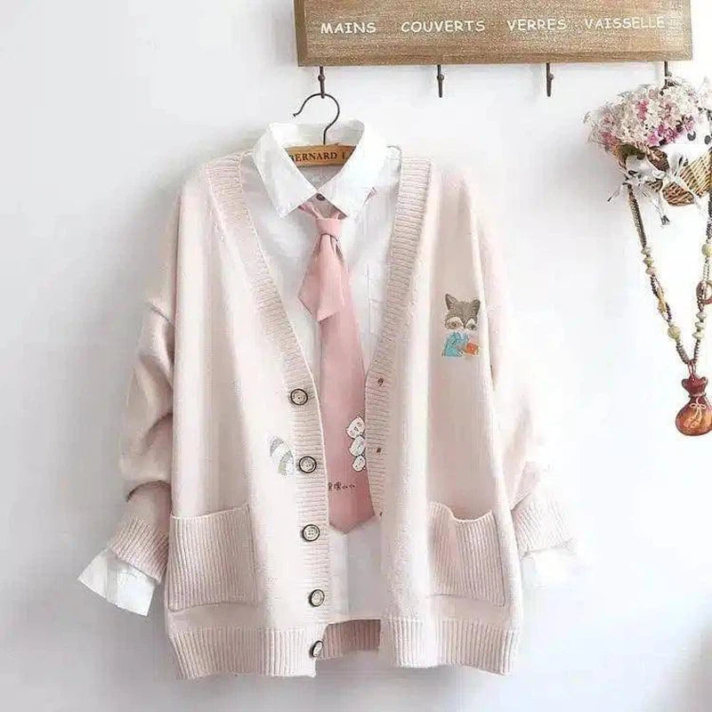 LOVEMI - Lovemi - Girly heart pocket fox embroidery knitted cardigan