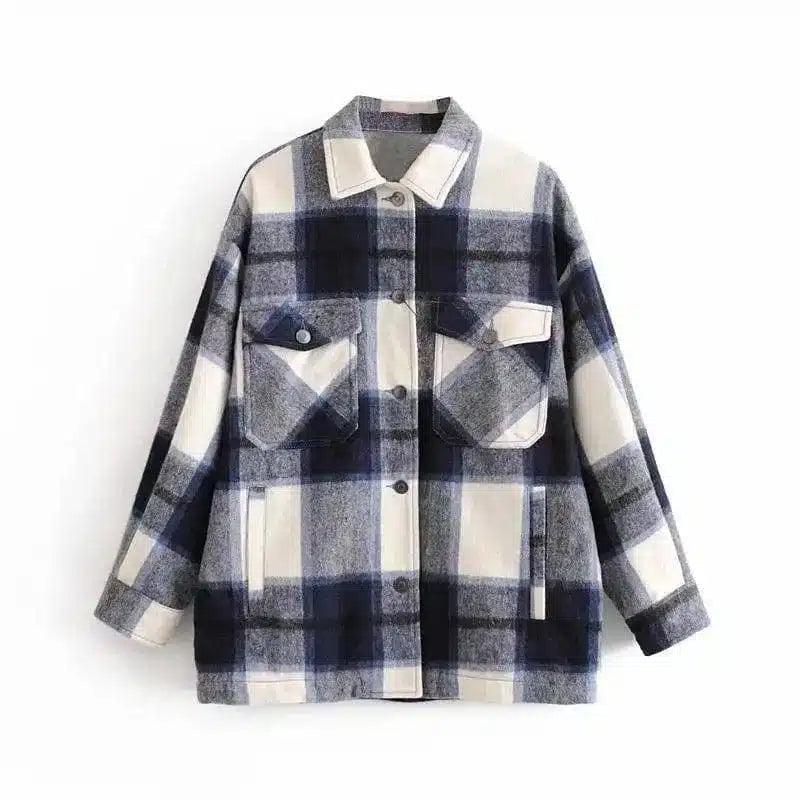 Plaid Flannel Button-Up Jacket with Pockets-Blue-4