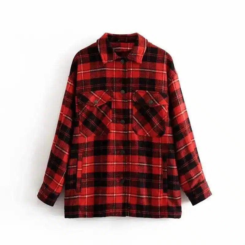 Plaid Flannel Button-Up Jacket with Pockets-Red-6