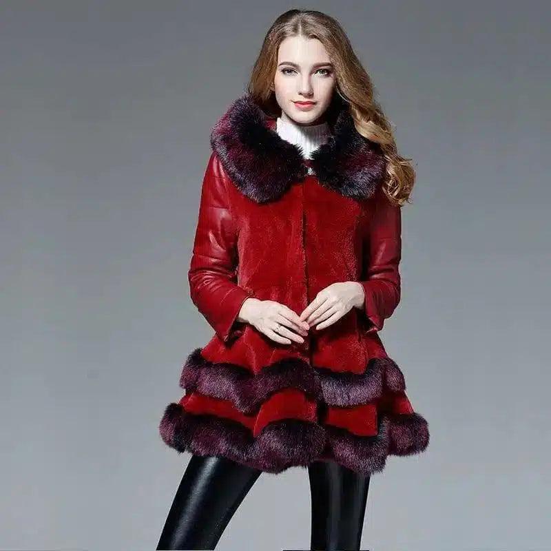 Haining fur coat female fur one fox fur hooded coat-Wine Red-3