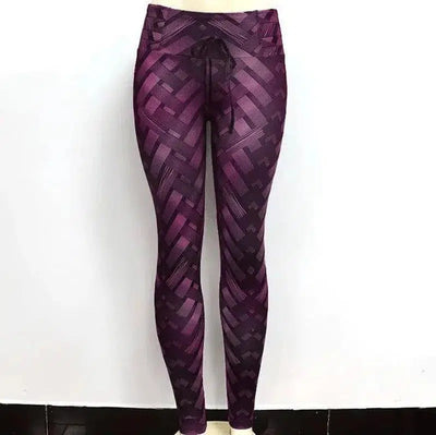 High Waist Iron Weave Print Push Up Yoga Workout Leggings-Purple-6