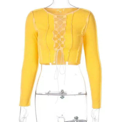 Lace-Up Long Sleeve Cropped Top-Yellow-2