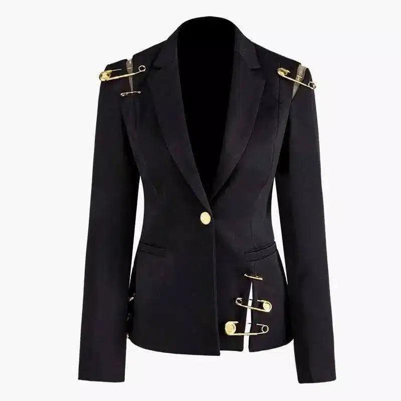 Women's Military Style Fitted Blazer Jacket-Black-1