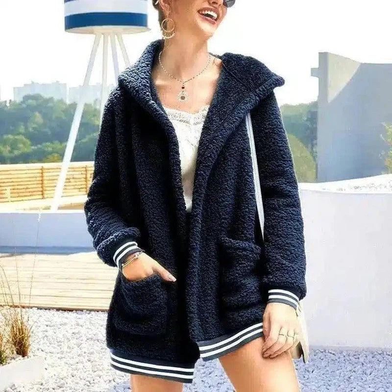 Hooded thick plush coat-Navy blue-4